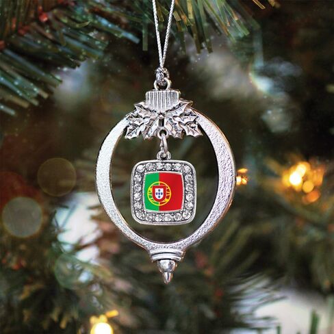 Inspired Silver - Portugal Flag Charm Ornament - Silver Square Charm Holiday Ornaments with Cubic Zirconia Jewelry in Saudi Arabia