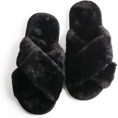 TMA EYES Women's Slippers Fuzzy Warm Comfy Faux Fur Slip-on Fluffy Bedroom House Shoes Memory Foam Suede Cozy Plush Breathable Anti-Slip Indoor in Kuwait