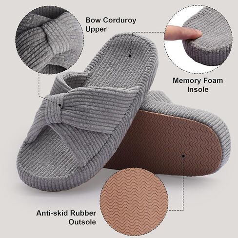 Women's Bow Cross Band Slippers Memory Foam House Bedroom Corduroy Slide Slipper Shoes Open Toe in Kuwait