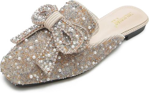 SAFECAMS Women's Rhinestone Bow Flat Mules Comfortable Square Toe Slip on Penny Loafers Ladies Baotou Clogs Half Slides Mules in Saudi Arabia