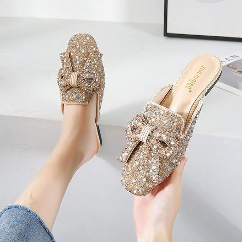 SAFECAMS Women's Rhinestone Bow Flat Mules Comfortable Square Toe Slip on Penny Loafers Ladies Baotou Clogs Half Slides Mules in Saudi Arabia