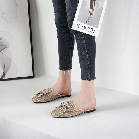 SAFECAMS Women's Rhinestone Bow Flat Mules Comfortable Square Toe Slip on Penny Loafers Ladies Baotou Clogs Half Slides Mules in Saudi Arabia
