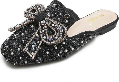 SAFECAMS Women's Rhinestone Bow Flat Mules Comfortable Square Toe Slip on Penny Loafers Ladies Baotou Clogs Half Slides Mules in Saudi Arabia