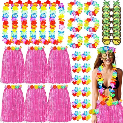 Didaey 6 Sets 60 cm Hawaiian Luau Hula Grass Skirt Set with Pineapple Sunglass Flowers for Holiday Hawaiian Party Cosplay in Saudi Arabia