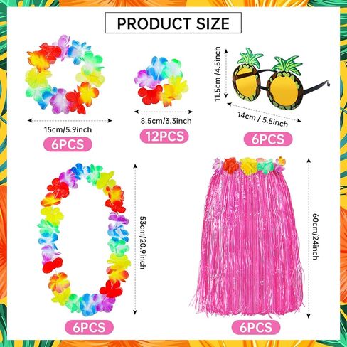 Didaey 6 Sets 60 cm Hawaiian Luau Hula Grass Skirt Set with Pineapple Sunglass Flowers for Holiday Hawaiian Party Cosplay in Saudi Arabia