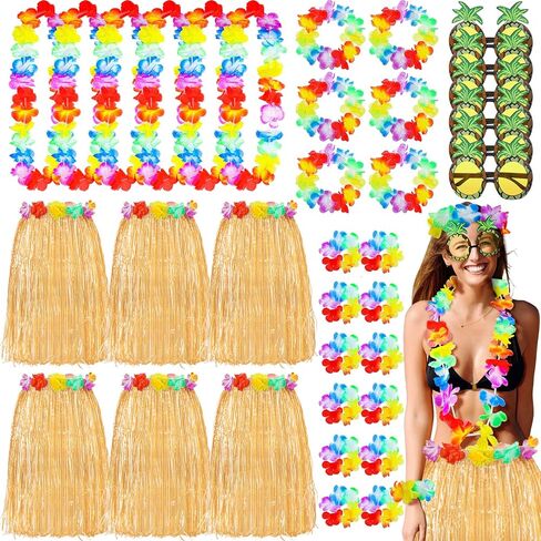 Didaey 6 Sets 60 cm Hawaiian Luau Hula Grass Skirt Set with Pineapple Sunglass Flowers for Holiday Hawaiian Party Cosplay in Saudi Arabia