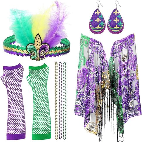 Jadive 8 Pcs Mardi Gras Costume Women Accessories Set Mardi Gras Poncho Shawl Mardi Gras Beads Necklaces Feather Headband Dangle Earrings Fingerless Fishnet Gloves for Party Favor Parade Accessory in Saudi Arabia