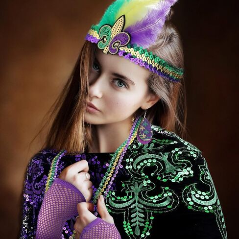 Jadive 8 Pcs Mardi Gras Costume Women Accessories Set Mardi Gras Poncho Shawl Mardi Gras Beads Necklaces Feather Headband Dangle Earrings Fingerless Fishnet Gloves for Party Favor Parade Accessory in Saudi Arabia