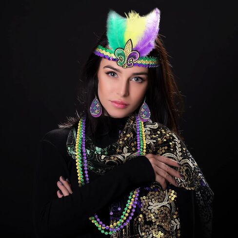 Jadive 8 Pcs Mardi Gras Costume Women Accessories Set Mardi Gras Poncho Shawl Mardi Gras Beads Necklaces Feather Headband Dangle Earrings Fingerless Fishnet Gloves for Party Favor Parade Accessory in Saudi Arabia