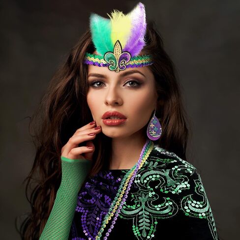 Jadive 8 Pcs Mardi Gras Costume Women Accessories Set Mardi Gras Poncho Shawl Mardi Gras Beads Necklaces Feather Headband Dangle Earrings Fingerless Fishnet Gloves for Party Favor Parade Accessory in Saudi Arabia