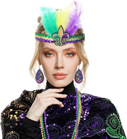 Jadive 8 Pcs Mardi Gras Costume Women Accessories Set Mardi Gras Poncho Shawl Mardi Gras Beads Necklaces Feather Headband Dangle Earrings Fingerless Fishnet Gloves for Party Favor Parade Accessory in Saudi Arabia