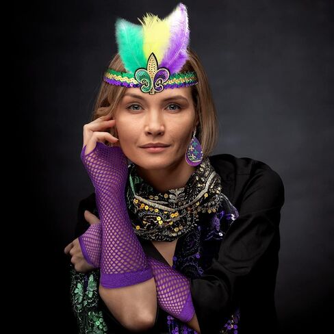 Jadive 8 Pcs Mardi Gras Costume Women Accessories Set Mardi Gras Poncho Shawl Mardi Gras Beads Necklaces Feather Headband Dangle Earrings Fingerless Fishnet Gloves for Party Favor Parade Accessory in Saudi Arabia