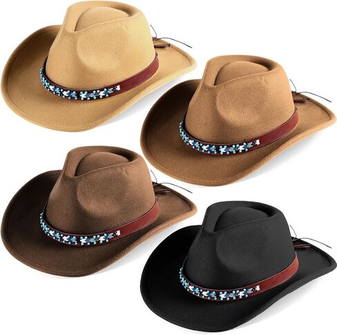 Ramede 4 Pcs Classic Western Cowboy Hat Men Felt Wide Brim Cowgirl Hats Women with Buckle Belt Panama Hat for Adults Kids in Saudi Arabia