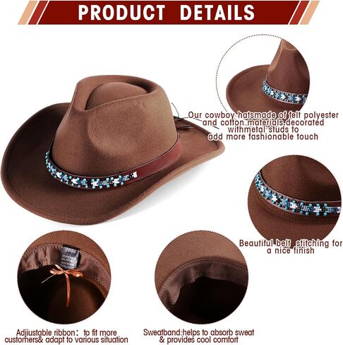 Ramede 4 Pcs Classic Western Cowboy Hat Men Felt Wide Brim Cowgirl Hats Women with Buckle Belt Panama Hat for Adults Kids in Saudi Arabia