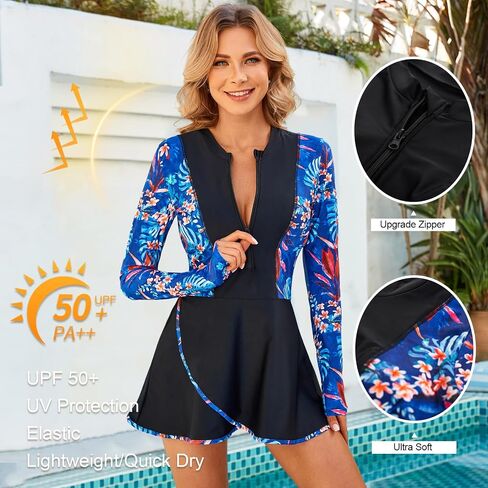 JASAMBAC Womens 2pcs Rash Guard Long Sleeve Swimskirt Tummy Control Bathing Suits Zip Up UPF 50+ Swim Shirt Built in Bra in Saudi Arabia