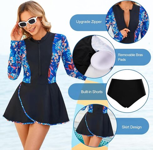 JASAMBAC Womens 2pcs Rash Guard Long Sleeve Swimskirt Tummy Control Bathing Suits Zip Up UPF 50+ Swim Shirt Built in Bra in Saudi Arabia