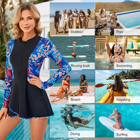 JASAMBAC Womens 2pcs Rash Guard Long Sleeve Swimskirt Tummy Control Bathing Suits Zip Up UPF 50+ Swim Shirt Built in Bra in Saudi Arabia