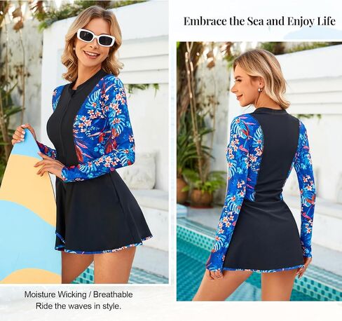 JASAMBAC Womens 2pcs Rash Guard Long Sleeve Swimskirt Tummy Control Bathing Suits Zip Up UPF 50+ Swim Shirt Built in Bra in Saudi Arabia