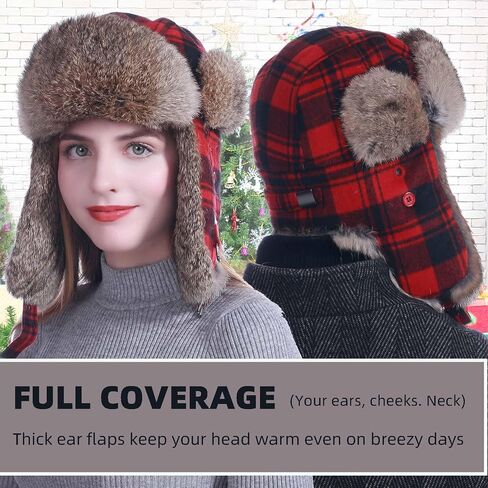 HEYANN Winter Trapper Hat,Warm Rabbit Fur Ushanka Russian Aviator Trooper Hats with Ear Flaps for Men Women(RedPlaid,L/XL) in Saudi Arabia
