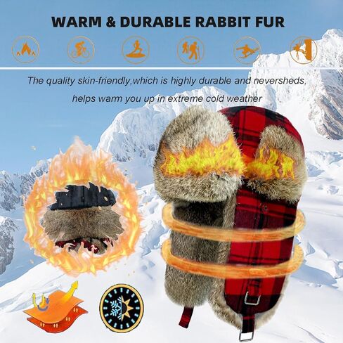 HEYANN Winter Trapper Hat,Warm Rabbit Fur Ushanka Russian Aviator Trooper Hats with Ear Flaps for Men Women(RedPlaid,L/XL) in Saudi Arabia