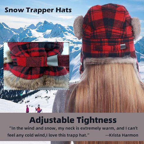 HEYANN Winter Trapper Hat,Warm Rabbit Fur Ushanka Russian Aviator Trooper Hats with Ear Flaps for Men Women(RedPlaid,L/XL) in Saudi Arabia