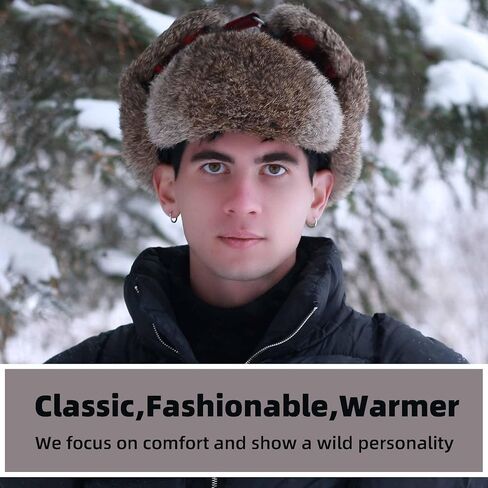 HEYANN Winter Trapper Hat,Warm Rabbit Fur Ushanka Russian Aviator Trooper Hats with Ear Flaps for Men Women(RedPlaid,L/XL) in Saudi Arabia