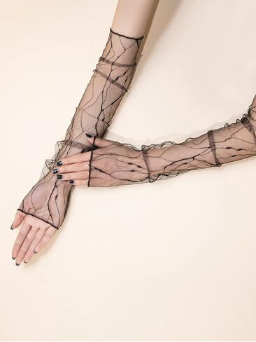 قفازات SHENHE النسائية من الدانتيل الشفاف من التول بدون أصابع بطول الكوع وأكمام الذراع in Saudi Arabia