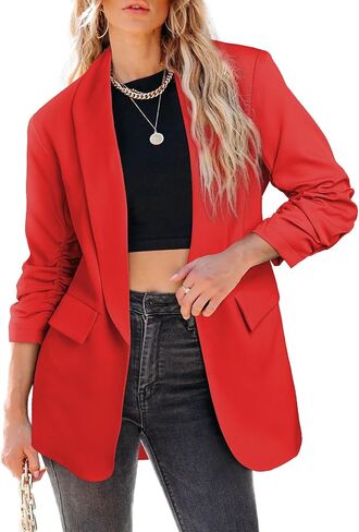 Happy Sailed Womens 3/4 Ruched Sleeve Blazer 2024 Trendy Open Front Work Office Suit Jackets Casual Business Outfits in Saudi Arabia