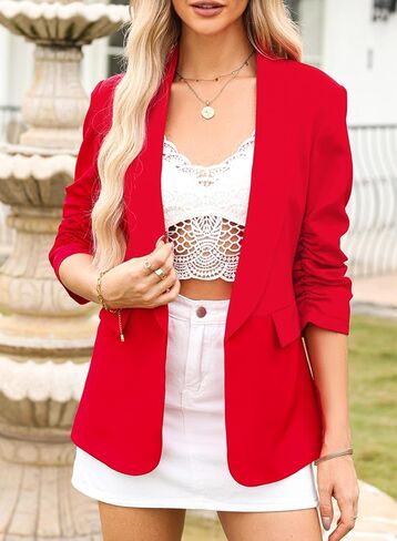 Happy Sailed Womens 3/4 Ruched Sleeve Blazer 2024 Trendy Open Front Work Office Suit Jackets Casual Business Outfits in Saudi Arabia