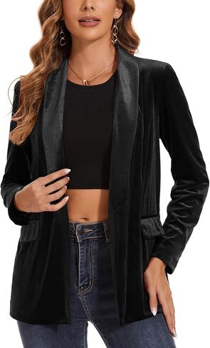 MINTLIMIT Women's Velvet Cardigan Jacket Shawl Collar Open Front Vintage Office Blazer Jacket Suit with Pockets (Black - Size S) in Saudi Arabia