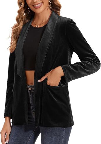 MINTLIMIT Women's Velvet Cardigan Jacket Shawl Collar Open Front Vintage Office Blazer Jacket Suit with Pockets (Black - Size S) in Saudi Arabia
