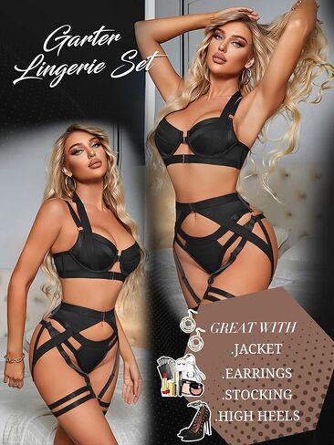ملابس داخلية ssyyx Garter للنساء، ملابس داخلية مثيرة بأشرطة، أطقم ملابس داخلية من الدانتيل متطابقة مكونة من 4 قطع مع سلك داخلي أسود in Kuwait