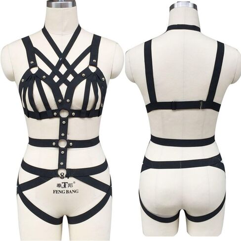 طقم سرج لانجري مرن للجسم للنساء، احزمة رباط على شكل قفص للجوارب، مقاس كبير (ChoiceN77) in Kuwait