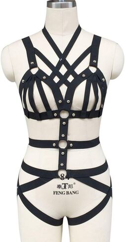 طقم سرج لانجري مرن للجسم للنساء، احزمة رباط على شكل قفص للجوارب، مقاس كبير (ChoiceN77) in Kuwait