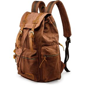 GEARONIC 21L Vintage Canvas Backpack Leather Rucksack Knapsack 15inch Laptop Tote Satchel College Shoulder Hiking Bag in Kuwait
