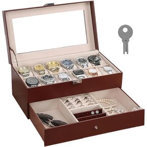 GloyEr 12 Slots Watch Box, Leather Lockable Watch Organizer, Men's and Women's Watch Box,Jewelry Box Organizer Watch Display Box, 2 Layers with Drawers for Watch Rings, Bracelets, Eyeglasses in Kuwait