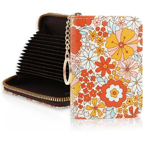 Credit Card Holder RFID Wallet, Slim Card Wallet for Women, Credit Card Keychain Wallet Organizer, Small Leather Card Holder Wallet with Zipper (Abstract Art-1)