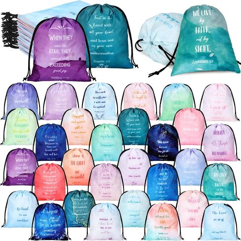 Hosuly 30Pcs Religious Bible Verse Drawstring Backpack Watercolor Christian Drawstring Bags Bulk Religious Gift Bag for Women in Saudi Arabia