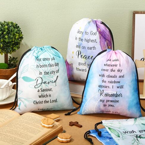 Hosuly 30Pcs Religious Bible Verse Drawstring Backpack Watercolor Christian Drawstring Bags Bulk Religious Gift Bag for Women in Saudi Arabia