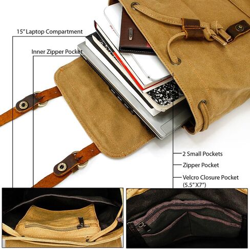 GEARONIC 21L Vintage Canvas Backpack Leather Rucksack Knapsack 15inch Laptop Tote Satchel College Shoulder Hiking Bag in Saudi Arabia