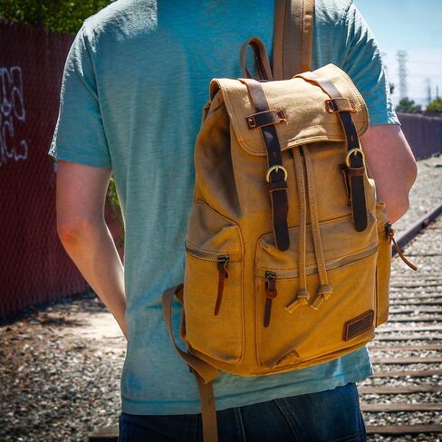 GEARONIC 21L Vintage Canvas Backpack Leather Rucksack Knapsack 15inch Laptop Tote Satchel College Shoulder Hiking Bag in Saudi Arabia
