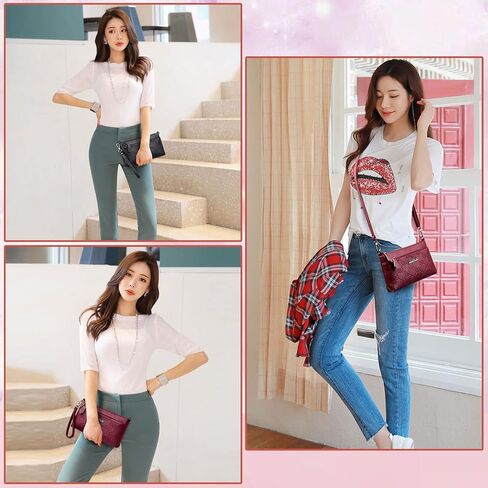 حقائب LSXCSM صغيرة تمر بالجسم للنساء بسحاب ثلاثي من الجلد ومحفظة للهاتف الخلوي in Kuwait