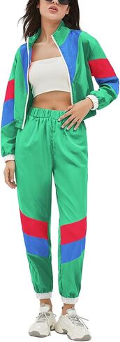 مجموعة ملابس Nhicdns النسائية المكونة من قطعتين من الألوان 80s 90s وأكمام طويلة سترة واقية من الرياح مجموعة رياضية نشطة in Kuwait