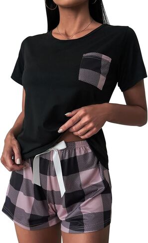 أطقم بيجامات نسائية من SISKIN - بيجامات بطباعة منقوشة بافلو للنساء مجموعة ملابس نوم مع شورتات مجموعات Pjs صيفية in Kuwait