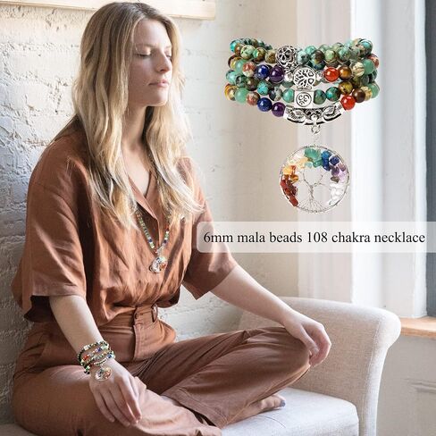 Bivei 108 Mala Beads Bracelet - 7 Chakra Tree of Life Real Healing Gemstone Yoga Meditation Mala Prayer Bead Necklace in Saudi Arabia