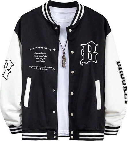 SHENHE Men's Slogan Graphic Button Down Varsity Jacket Baseball Bomber Jackets in Saudi Arabia