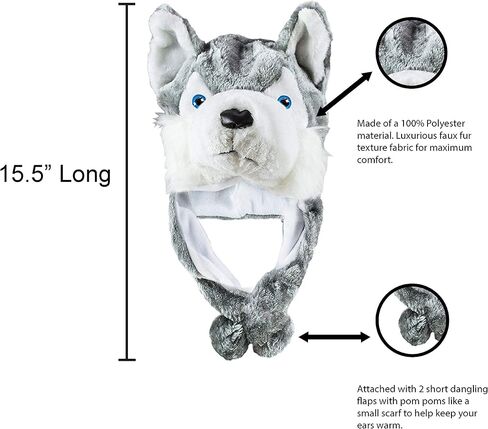 Cute Plush Animal Head Winter Hat Warm Winter Fashion Clothing Accessories (Husky (Short)) in Saudi Arabia