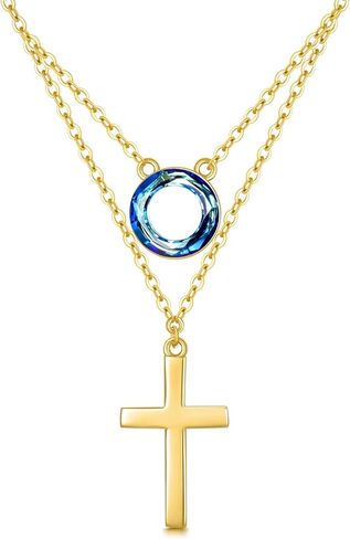 Rikelus 14K الذهب الصليب الطبقات قلادة للنساء الفتيات، الذهب الأصفر الإيمان الديني الصليب قلادة قلادة مع دائرة الكريستال طبقتين هدايا المجوهرات لها 16 + 1 + 1 بوصة in Kuwait
