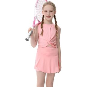 LIONJIE Girls Tennis Golf Outfit Sleeveless Twist Tank Top and Skorts Set Sports Skirt with Shorts 3-12Y