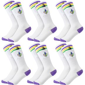 Cuffbow 6 Pairs Funny Mardi Gras Crew Socks with Small Pocket Flower Patterned Mardi Gras Themed Socks Green Gold Purple Cotton Mid Calf Dress Socks for Men 42-46 Shoe Size in Saudi Arabia